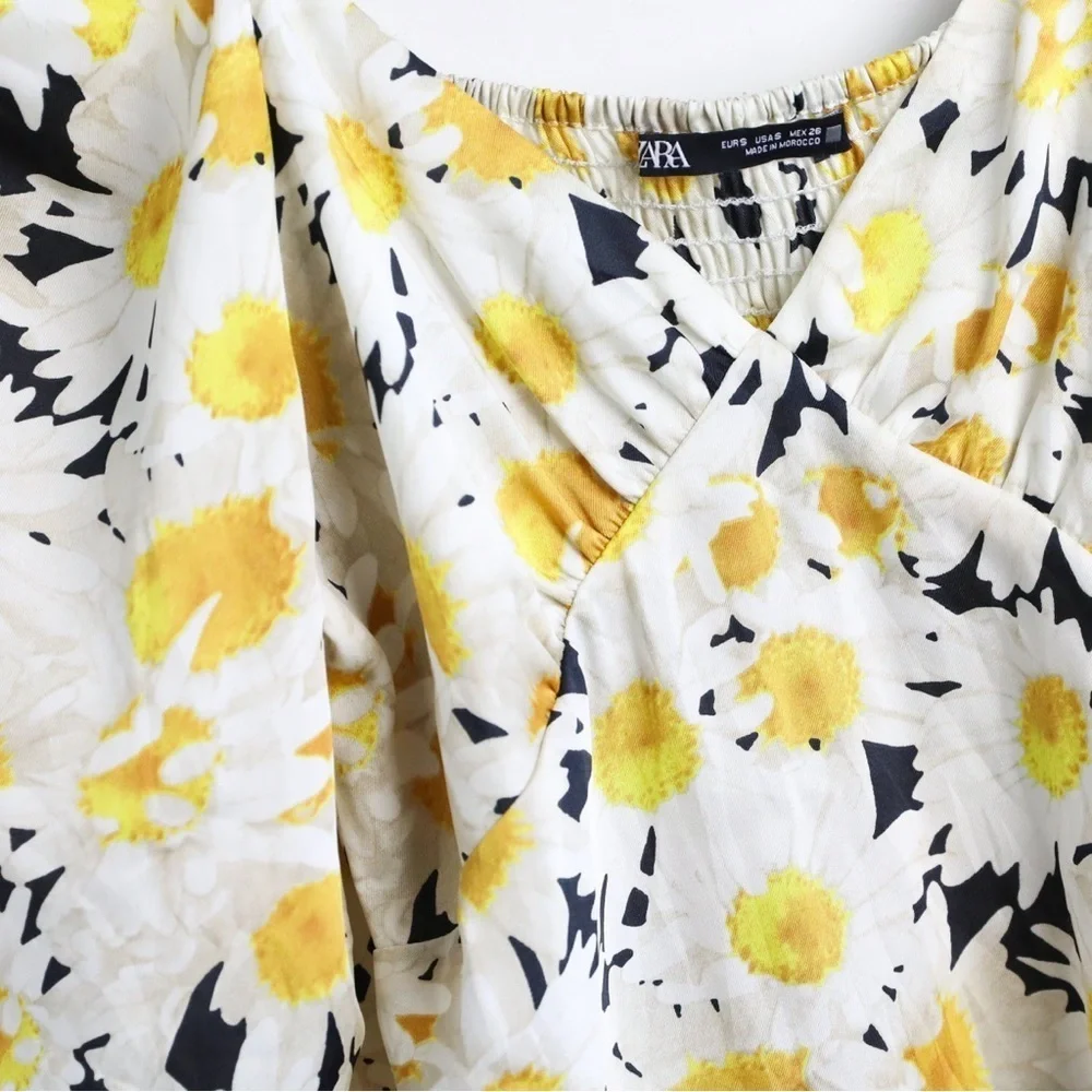Zara floral daisy print top yellow blouse puff sleeve flowers spring summer S